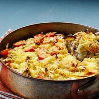 Carb Conscious Pesto Chicken Cauliflower and Tomato Bake