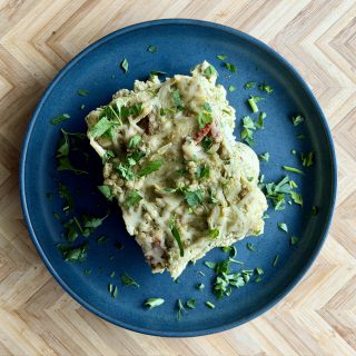 Carb Conscious Pesto Chicken Cauliflower and Tomato Bake